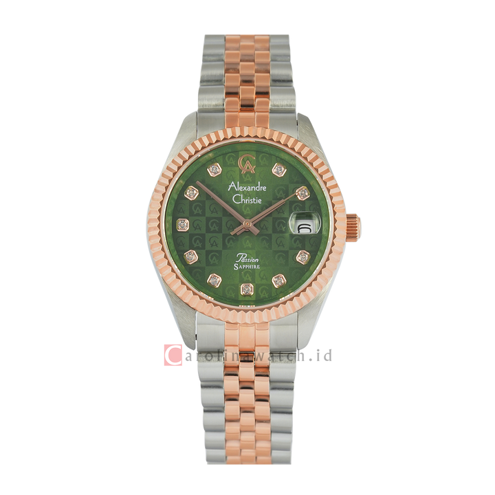 Jam Tangan Alexandre Christie Passion AC 5014 LDBTRGN Women Sapphire Green Dial Dual Tone Stainless Steel Strap