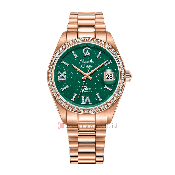 Jam Tangan Alexandre Christie Passion AC 5015 LDBRGGN Women Green Glitter Dial Gold Stainless Steel Strap