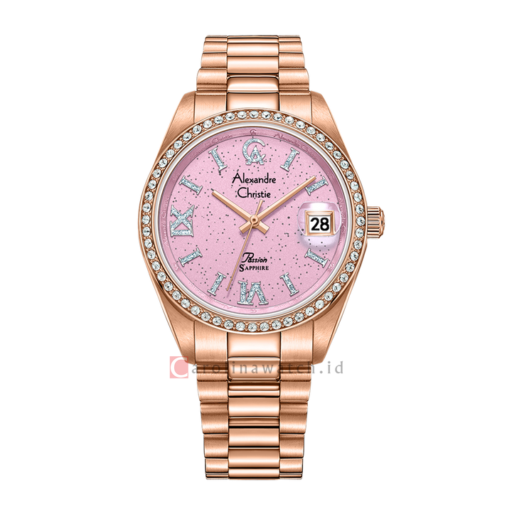 Jam Tangan Alexandre Christie Passion AC 5015 LDBRGPN Women Pink Glitter Dial Gold Stainless Steel Strap