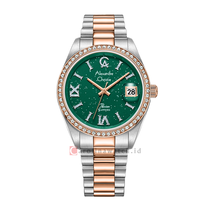 Jam Tangan Alexandre Christie Passion AC 5015 LDBTRGN Women Green Glitter Dial Dual Tone Stainless Steel Strap