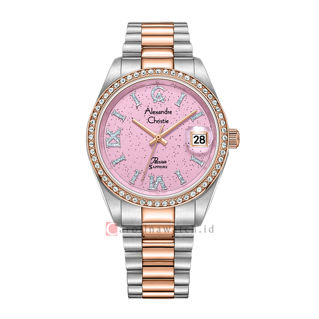 Jam Tangan Alexandre Christie Passion  AC 5015 LDBTRPN Women Pink Glitter Dial Dual Tone Stainless Steel Strap