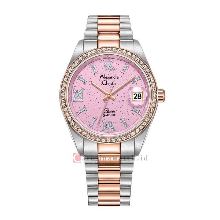 Jam Tangan Alexandre Christie Passion  AC 5015 LDBTRPN Women Pink Glitter Dial Dual Tone Stainless Steel Strap