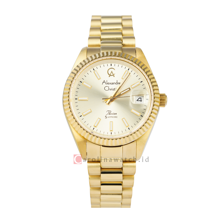 Jam Tangan Alexandre Christie Passion AC 5016 LDBGPIV Sapphire Women Champagne Dial Gold Stainless Steel Strap