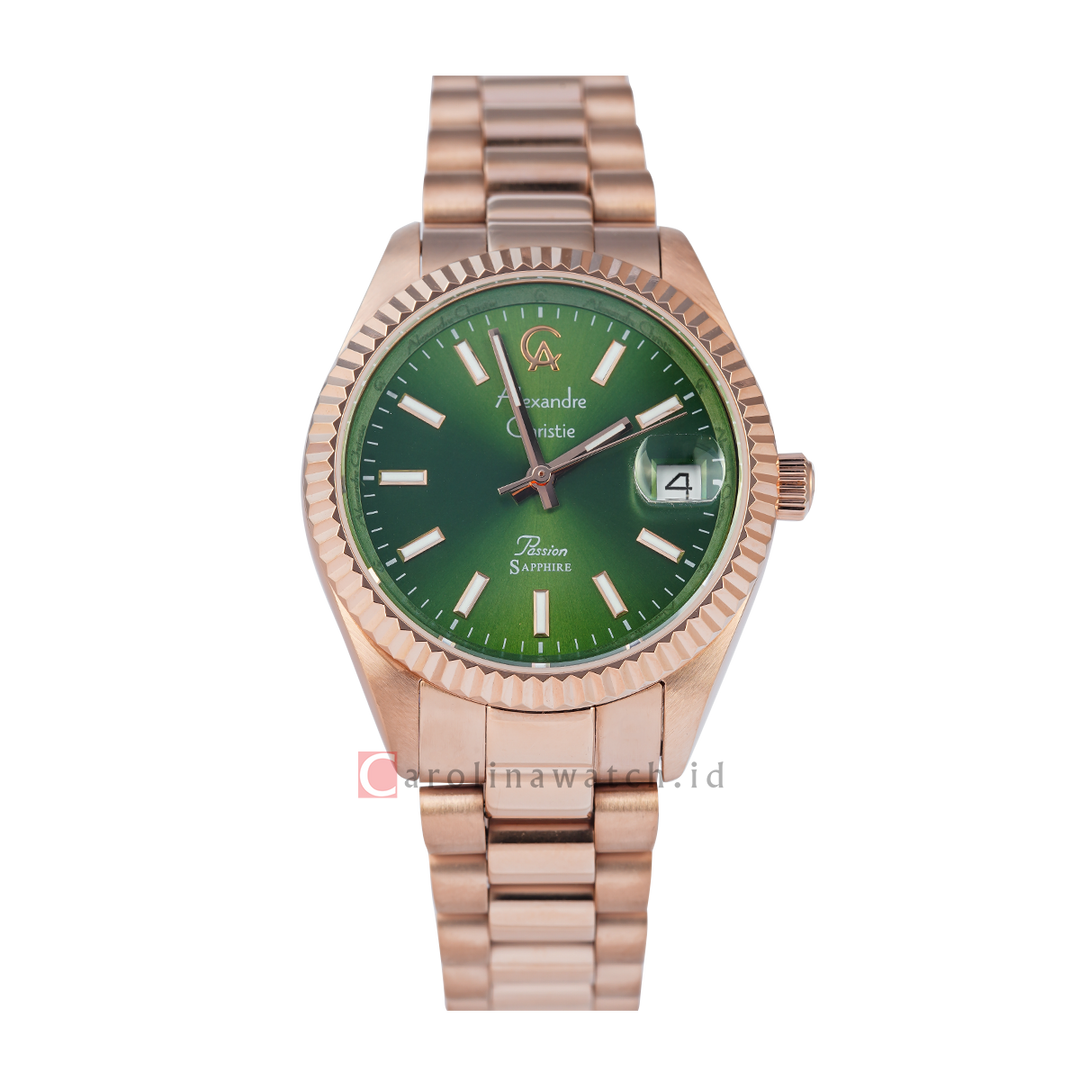 Jam Tangan Alexandre Christie Passion AC 5016 LDBRGGN Sapphire Women Green Dial Rose Gold Stainless Steel Strap