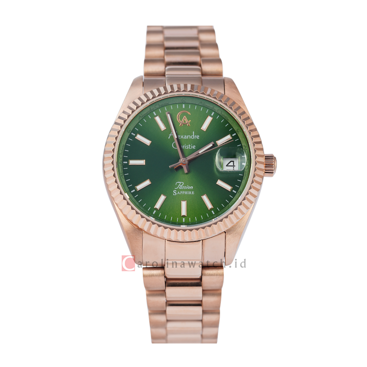 Jam Tangan Alexandre Christie Passion AC 5016 LDBRGGN Sapphire Women Green Dial Rose Gold Stainless Steel Strap