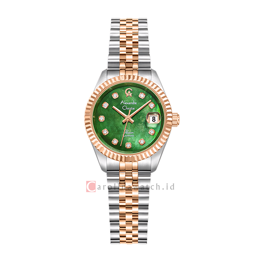Jam Tangan Alexandre Christie AC 5019 LDBTRMG Women Green Dial Dual Tone Stainless Steel Strap