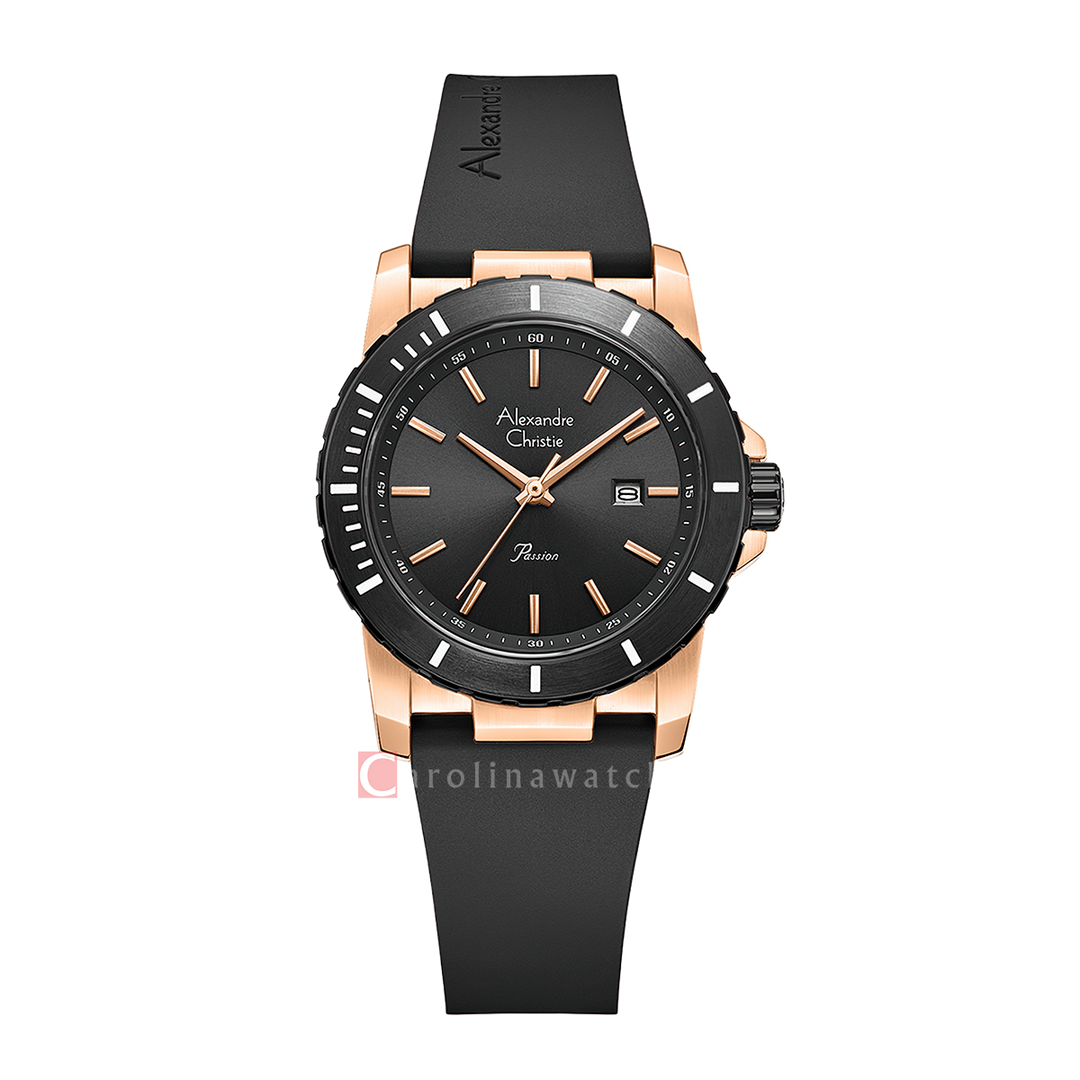 Jam Tangan Alexandre Christie Passion AC 6141 LDRBRBA Women Black Dial Black Rubber Strap