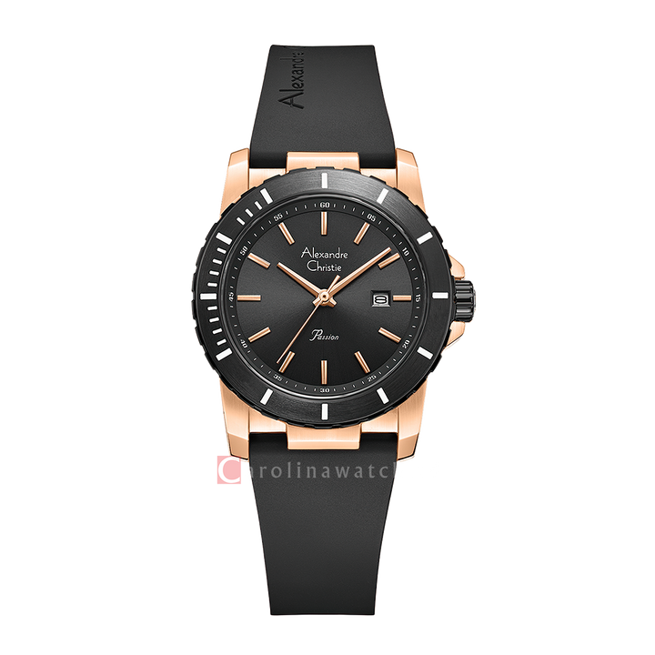 Jam Tangan Alexandre Christie Passion AC 6141 LDRBRBA Women Black Dial Black Rubber Strap