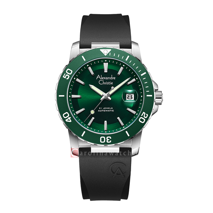 Jam Tangan Alexandre Christie AC 6141 MARSSGN Automatic Men Green Dial Black Rubber Strap