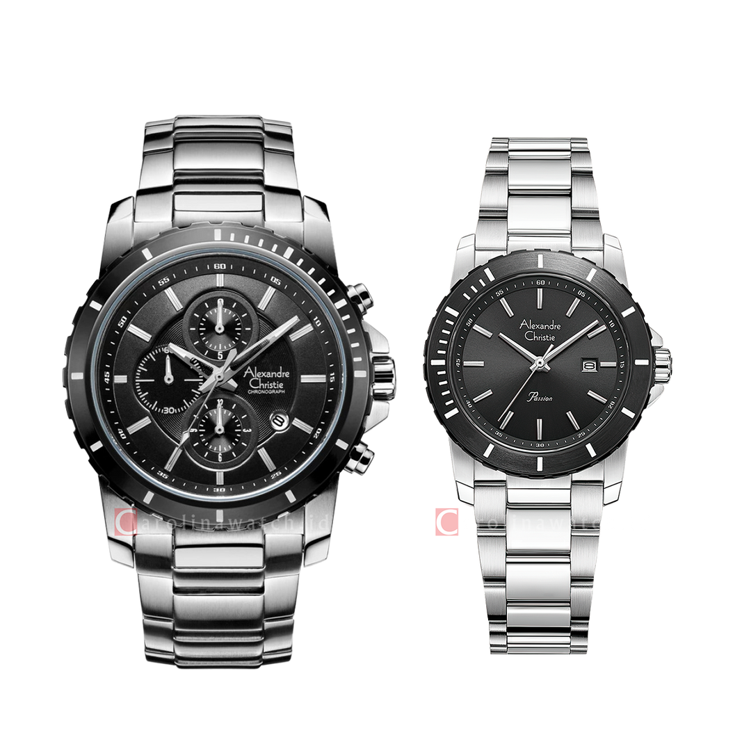 Jam Tangan Couple Alexandre Christie AC 6141 MC/LDBTBBA Black Dial Silver Stainless Steel Strap