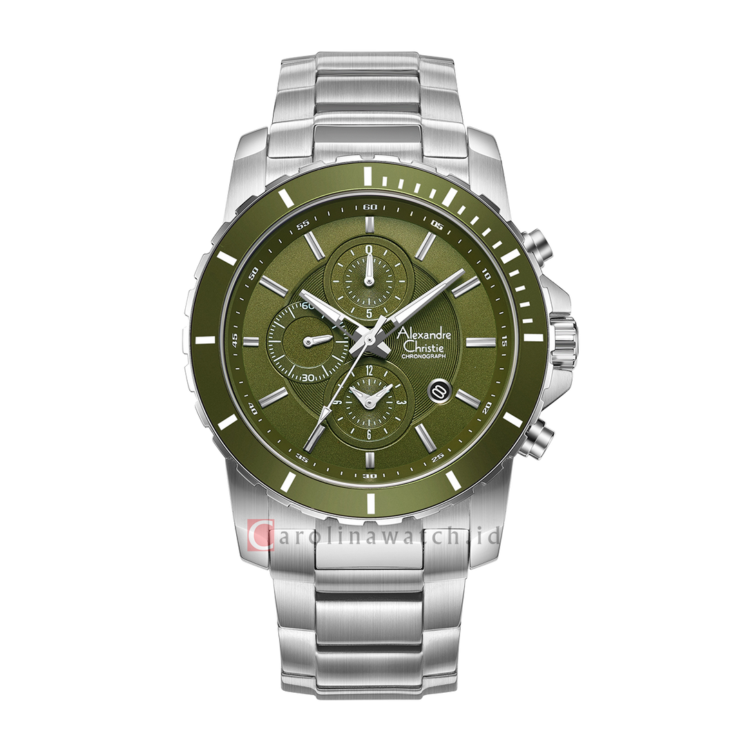 Jam Tangan Alexandre Christie Chronograph AC 6141 MCBSSGN Men Green Dial Stainless Steel Strap