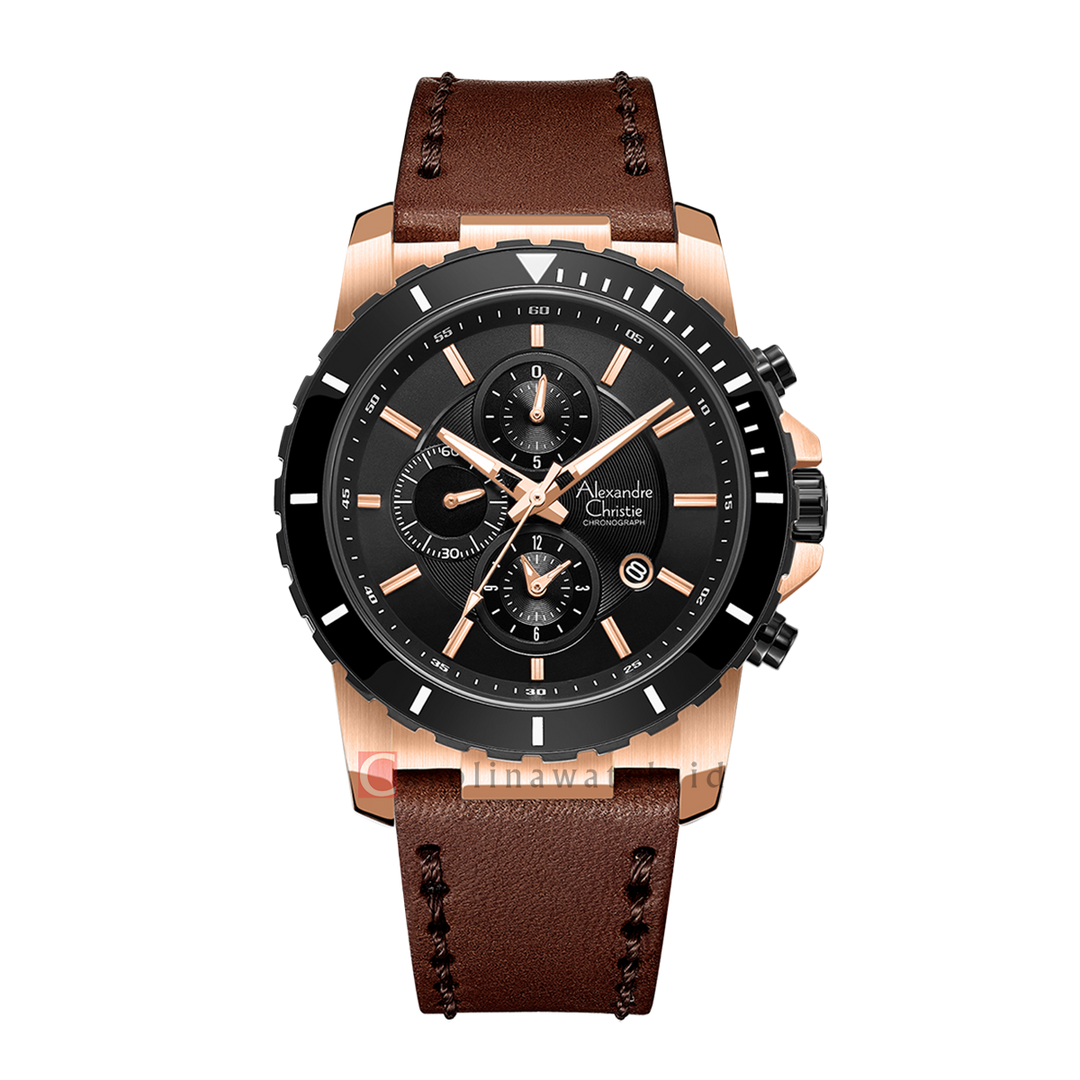 Jam Tangan Alexandre Christie Chronograph AC 6141 MCLBRBA Men Black Dial Brown Leather Strap