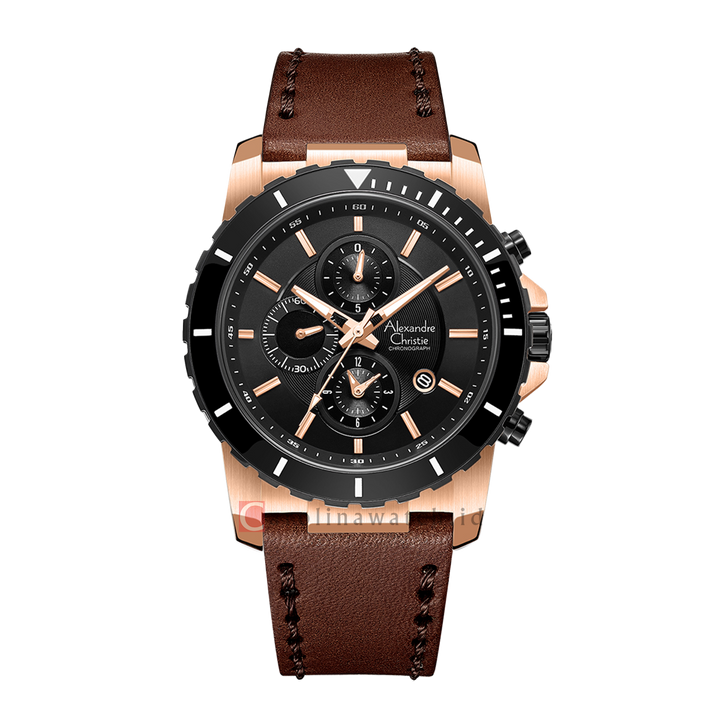 Jam Tangan Alexandre Christie Chronograph AC 6141 MCLBRBA Men Black Dial Brown Leather Strap