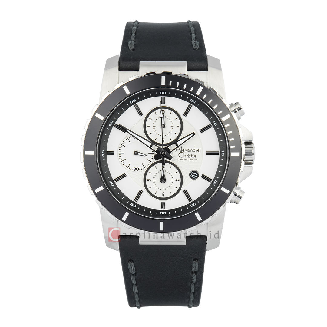 Jam Tangan Alexandre Christie Chronograph AC 6141 MCLSSSL Men White Dial Black Leather Strap