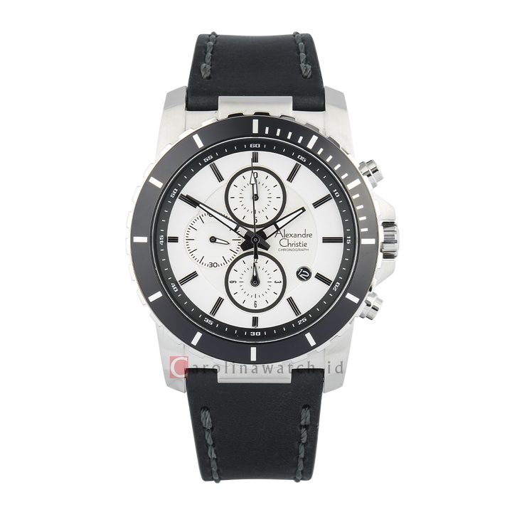 Jam Tangan Alexandre Christie Chronograph AC 6141 MCLSSSL Men White Dial Black Leather Strap