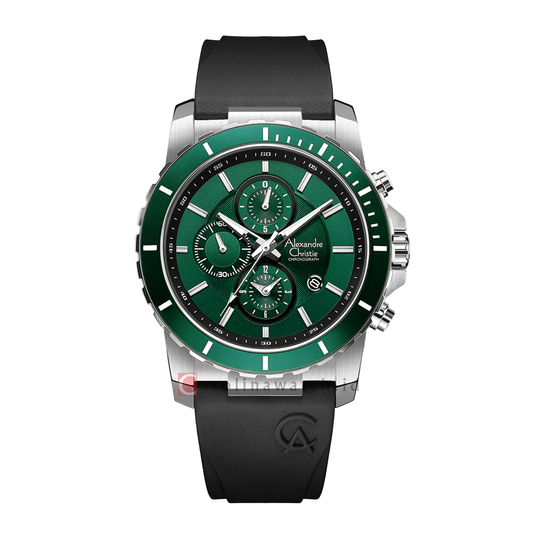 Jam Tangan Alexandre Christie Chronograph AC 6141 MCRSSDN Men Green Dial Black Rubber Strap