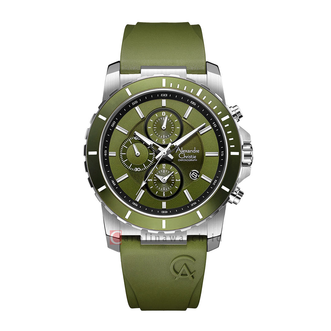 Jam Tangan Alexandre Christie Chronograph AC 6141 MCRSSGN Men Green Dial Green Rubber Strap