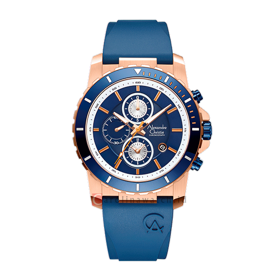 Jam Tangan Alexandre Christie Chronograph AC 6141 MCRURBU Men Blue Dial Blue Rubber Strap