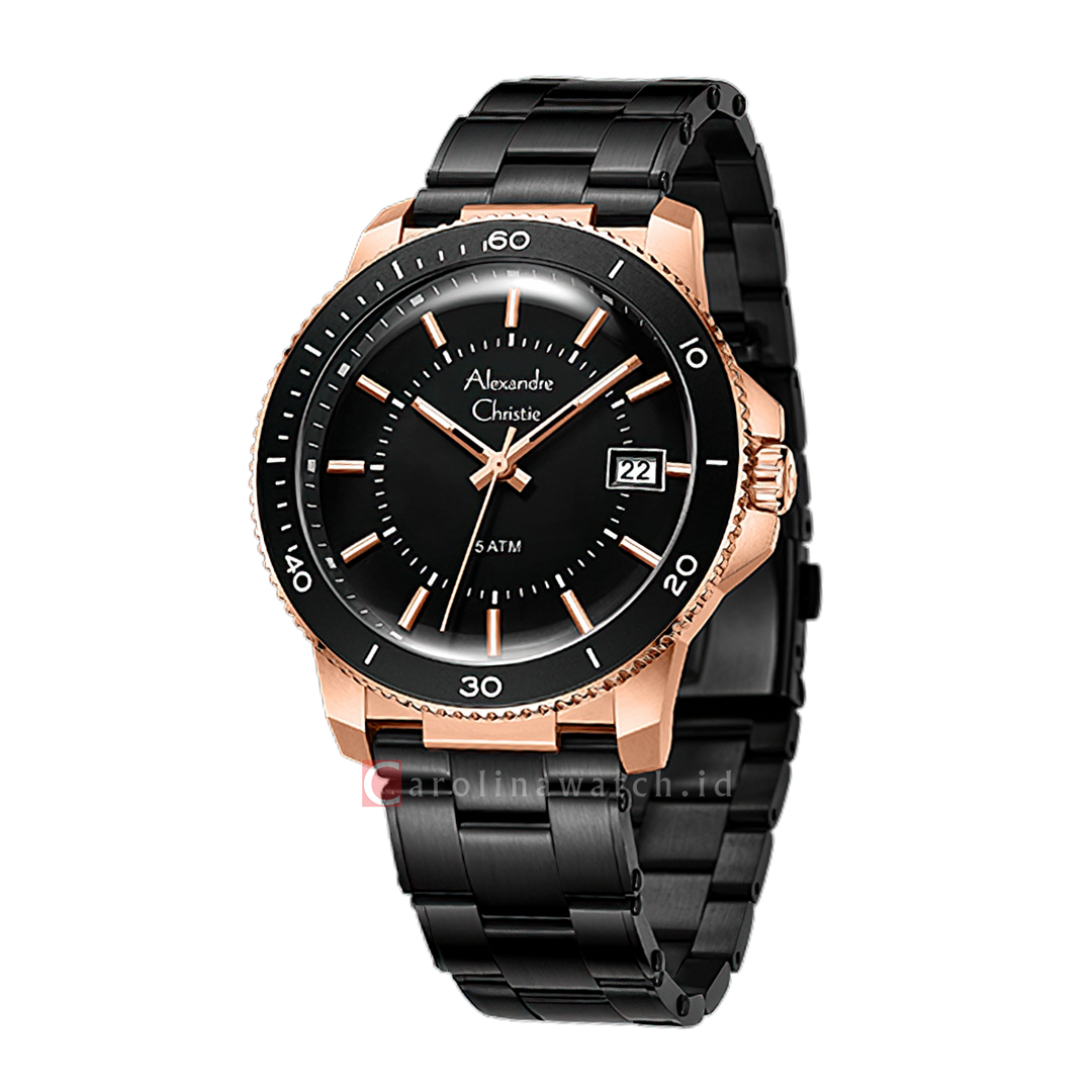 Jam Tangan Alexandre Christie Chronograph AC 6141 MDBBRBA Men Black Dial Black Stainless Steel Strap