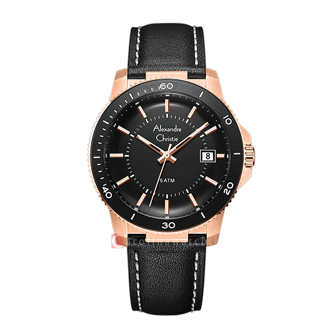 Jam Tangan Alexandre Christie Chronograph AC 6141 MDLBRBA Men Black Dial Black Leather Strap
