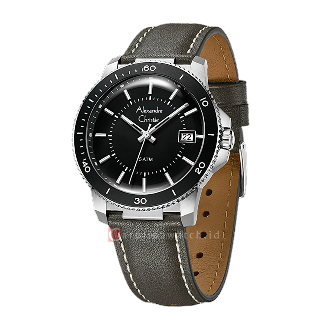 Jam Tangan Alexandre Christie Chronograph AC 6141 MDLSSBA Men Black Dial Black Leather Strap