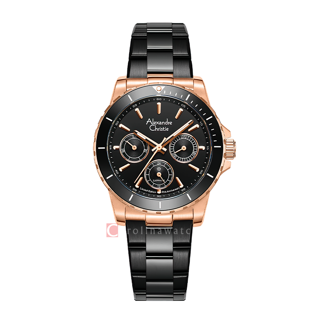 Jam Tangan Alexandre Christie 25th Anniversary AC 6141 XXVBBRBA Women Black Dial Black Stainless Steel Strap Limited Edition