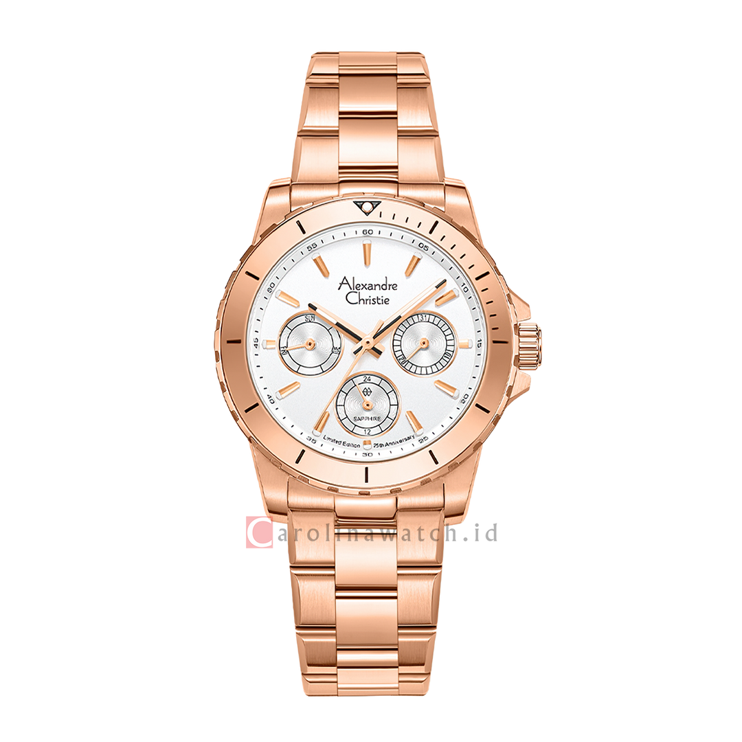 Jam Tangan Alexandre Christie 25th Anniversary AC 6141 XXVBRGLN Women Silver White Dial Rose Gold Stainless Steel Strap Limited Edition