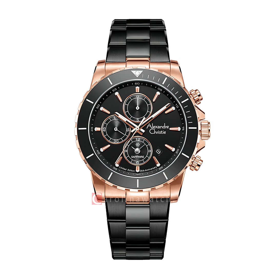 Jam Tangan Alexandre Christie 25th Anniversary AC 6141 XXVMBRBA Men Black Dial Black Stainless Steel Strap Limited Edition