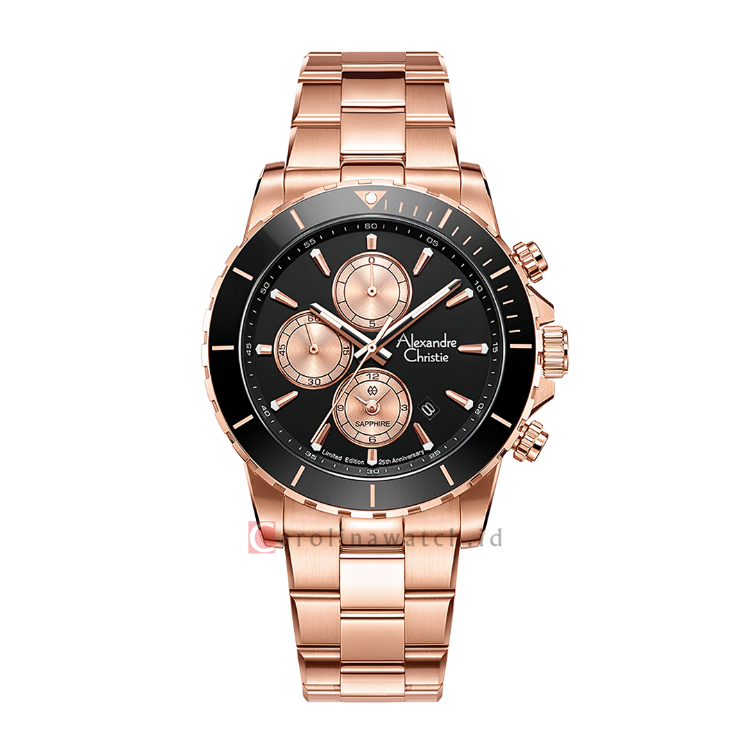Jam Tangan Alexandre Christie 25th Anniversary AC 6141 XXVMRGBA Men Black Dial Rose Gold Stainless Steel Strap Limited Edition
