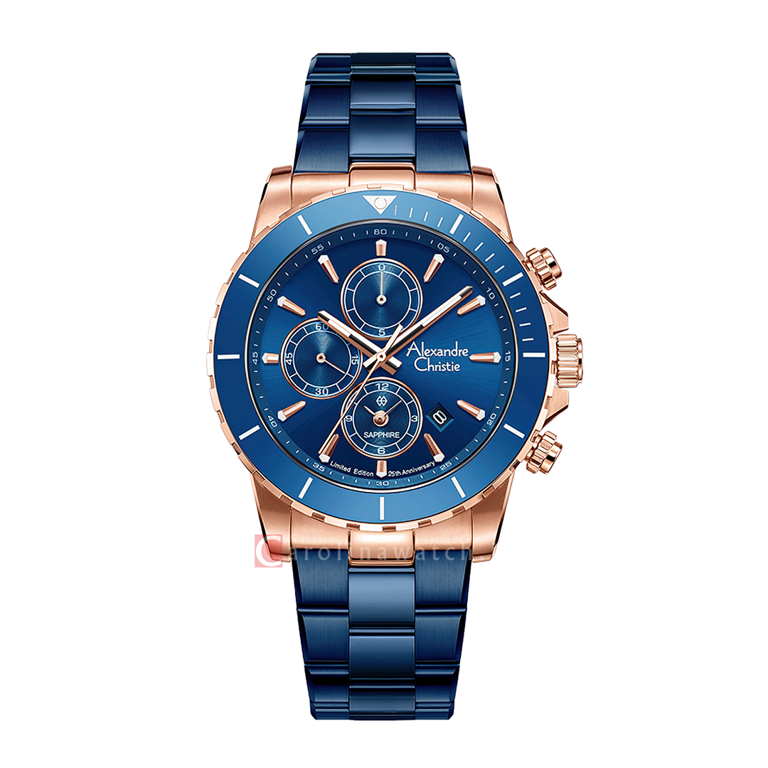 Jam Tangan Alexandre Christie 25th Anniversary AC 6141 XXVMURBU Men Blue Dial Blue Stainless Steel Strap Limited Edition