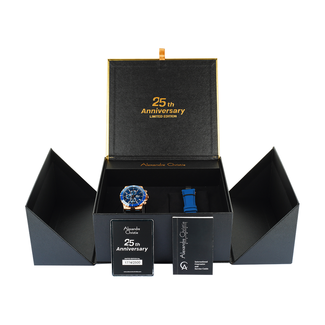 Jam Tangan Alexandre Christie 25th Anniversary AC 6141 XXVMURBU Men Blue Dial Blue Stainless Steel Strap Limited Edition