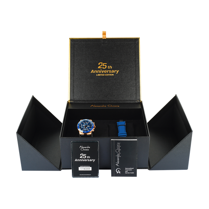 Jam Tangan Alexandre Christie 25th Anniversary AC 6141 XXVMURBU Men Blue Dial Blue Stainless Steel Strap Limited Edition