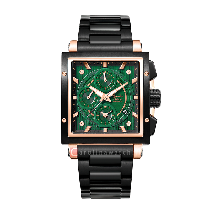Jam Tangan Alexandre Christie Chronograph AC 6182 GCBBRGN Women Green Dial Black Stainless Steel Strap