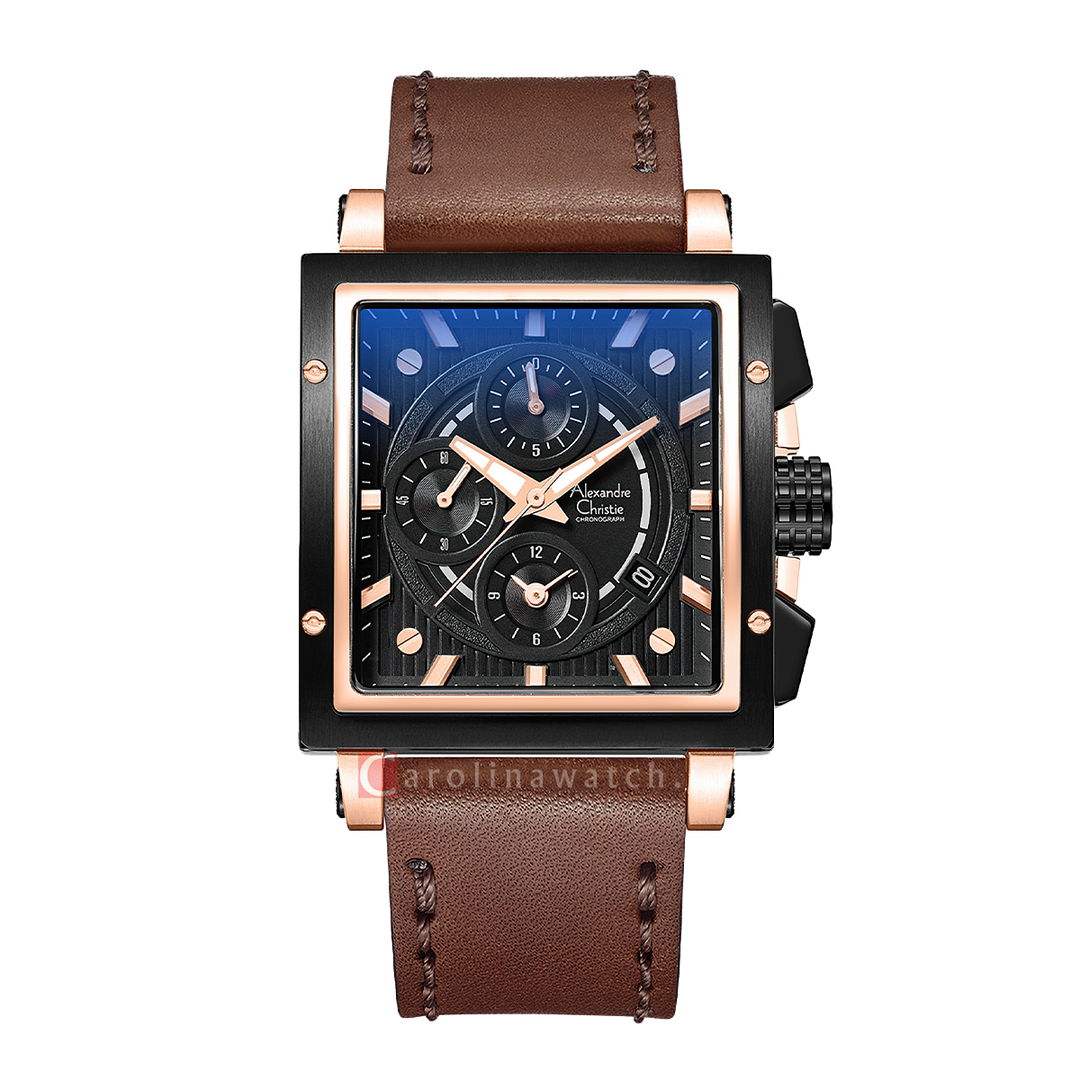 Jam Tangan Alexandre Christie Chronograph AC 6182 GCLBRBA Women Black Dial Brown Leather Strap