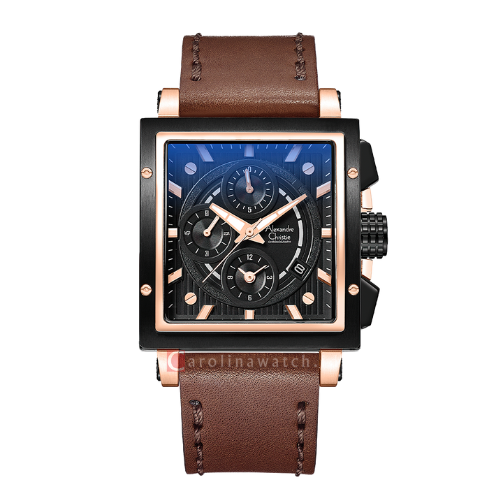 Jam Tangan Alexandre Christie Chronograph AC 6182 GCLBRBA Women Black Dial Brown Leather Strap