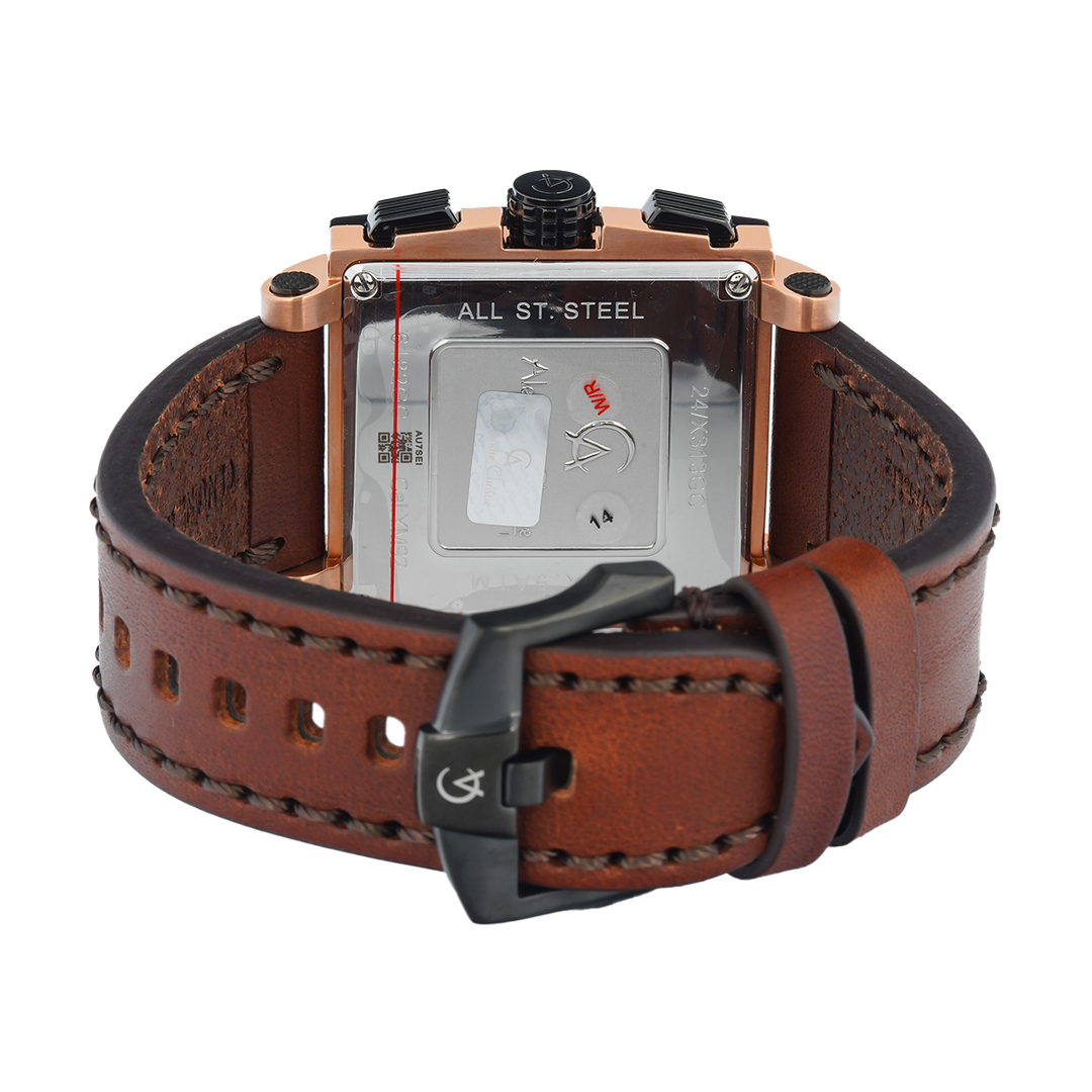 Jam Tangan Alexandre Christie Chronograph AC 6182 GCLBRBA Women Black Dial Brown Leather Strap
