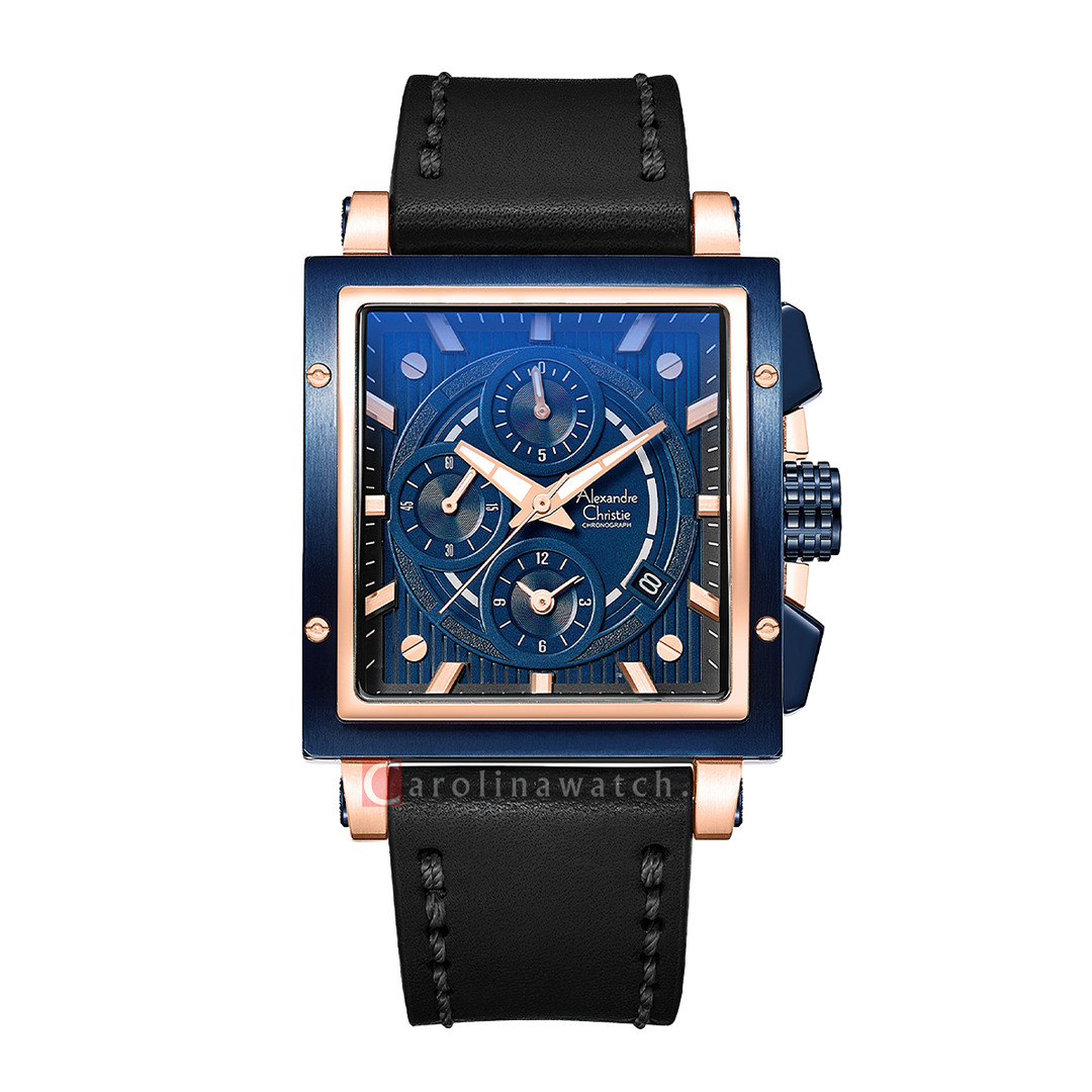 Jam Tangan Alexandre Christie Chronograph AC 6182 GCLURBU Women Blue Dial Black Leather Strap
