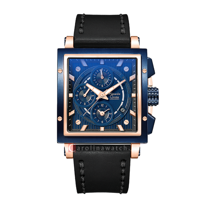 Jam Tangan Alexandre Christie Chronograph AC 6182 GCLURBU Women Blue Dial Black Leather Strap