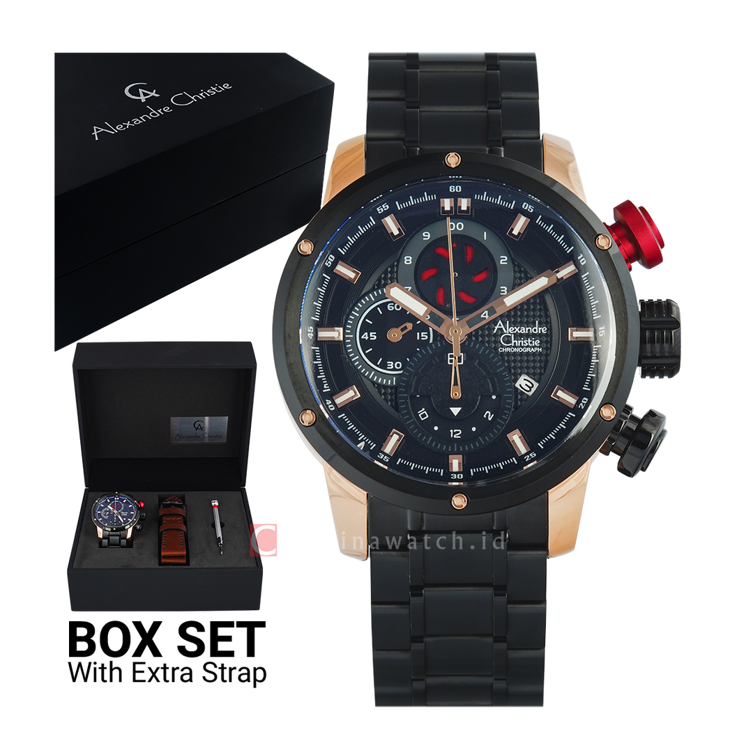 Jam Tangan Alexandre Christie AC 6239 MCBBRBA Men Black Dial Stainless Steel Strap with Exclusive Box