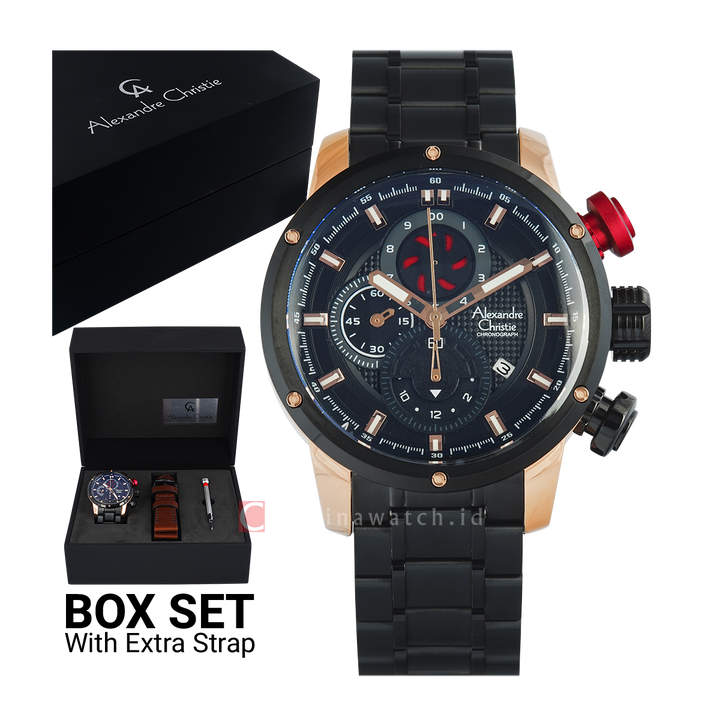 Jam Tangan Alexandre Christie AC 6239 MCBBRBA Men Black Dial Stainless Steel Strap with Exclusive Box