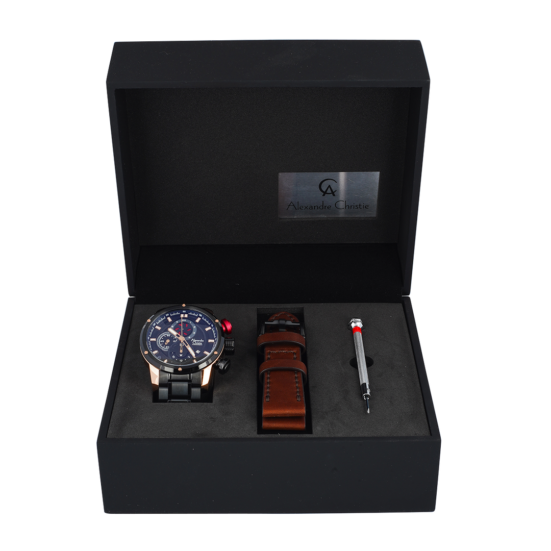 Jam Tangan Alexandre Christie AC 6239 MCBBRBA Men Black Dial Stainless Steel Strap with Exclusive Box