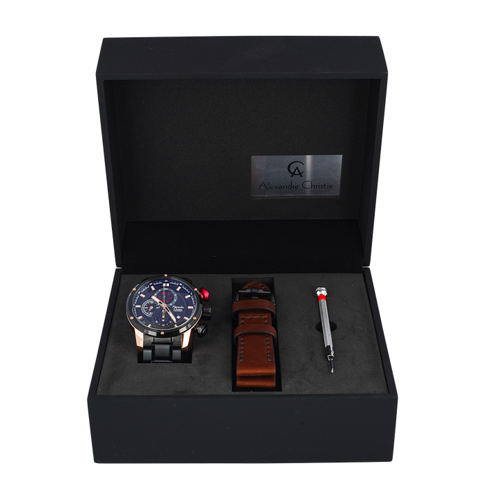 Jam Tangan Alexandre Christie AC 6239 MCBBRBA Men Black Dial Stainless Steel Strap with Exclusive Box
