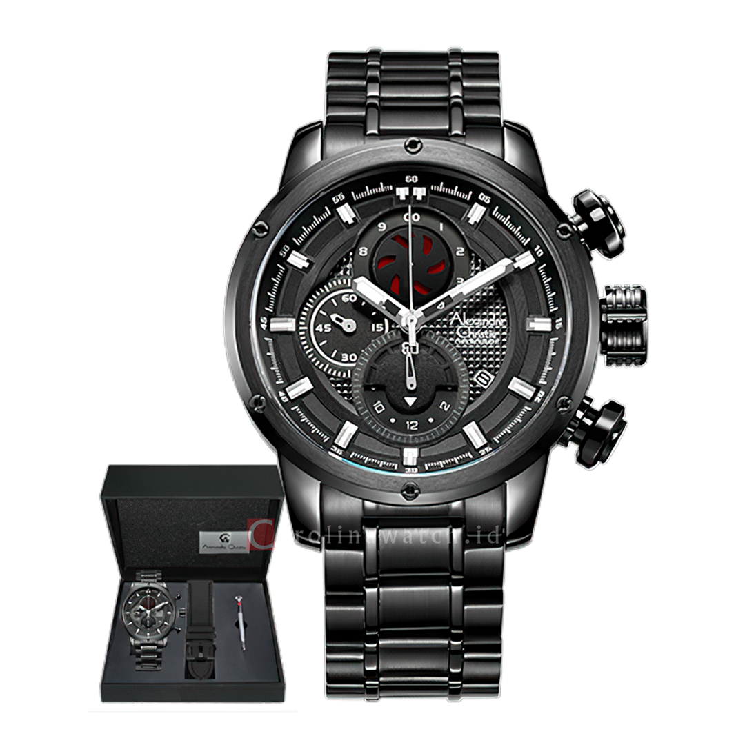 Jam Tangan Alexandre Christie AC 6239 MCBIPBARE Men Black Dial Black Stainless Steel Strap with Exclusive Box