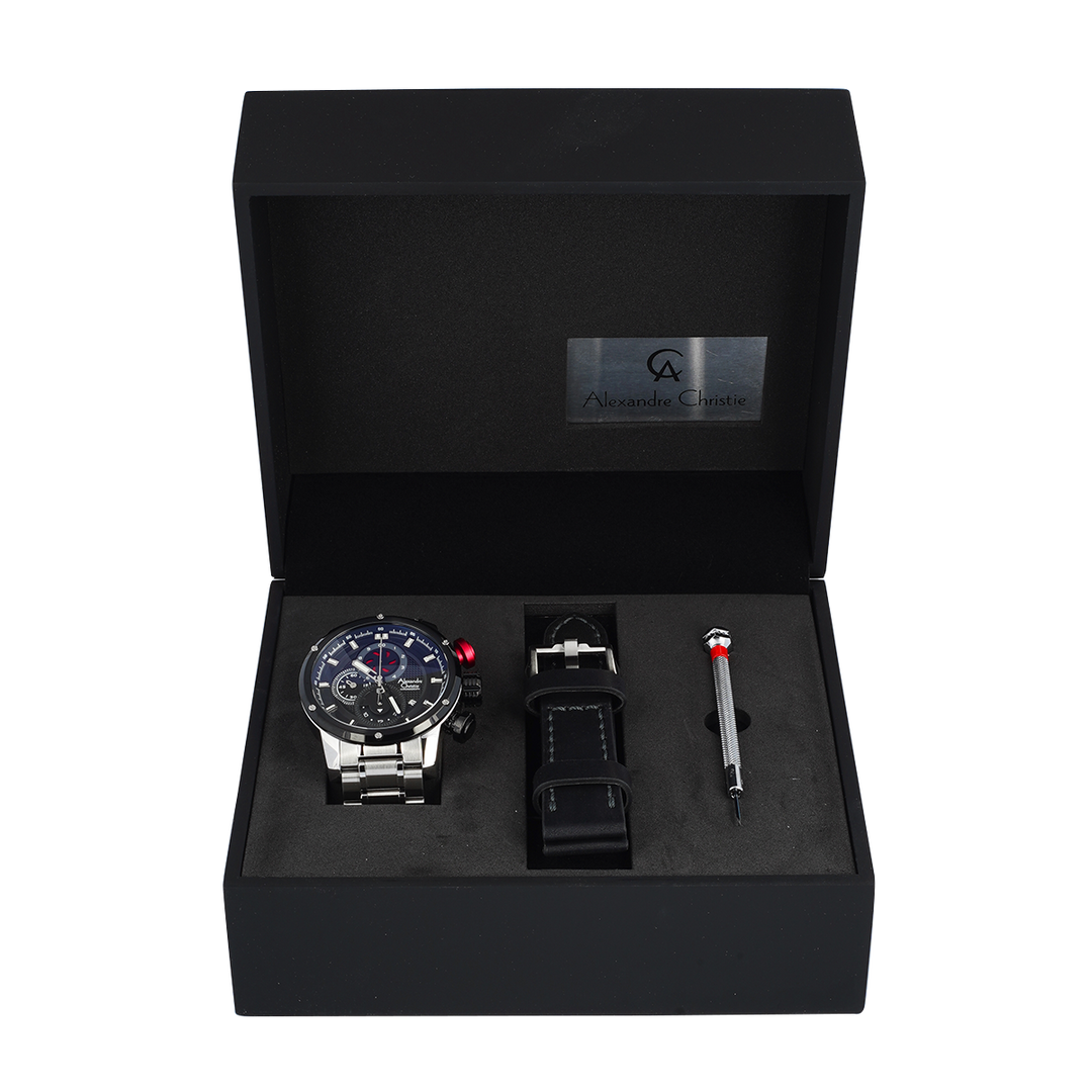 Jam Tangan Alexandre Christie AC 6239 MCBTBBA Men Blue Dial Silver Stainless Steel Strap with Exclusive Box