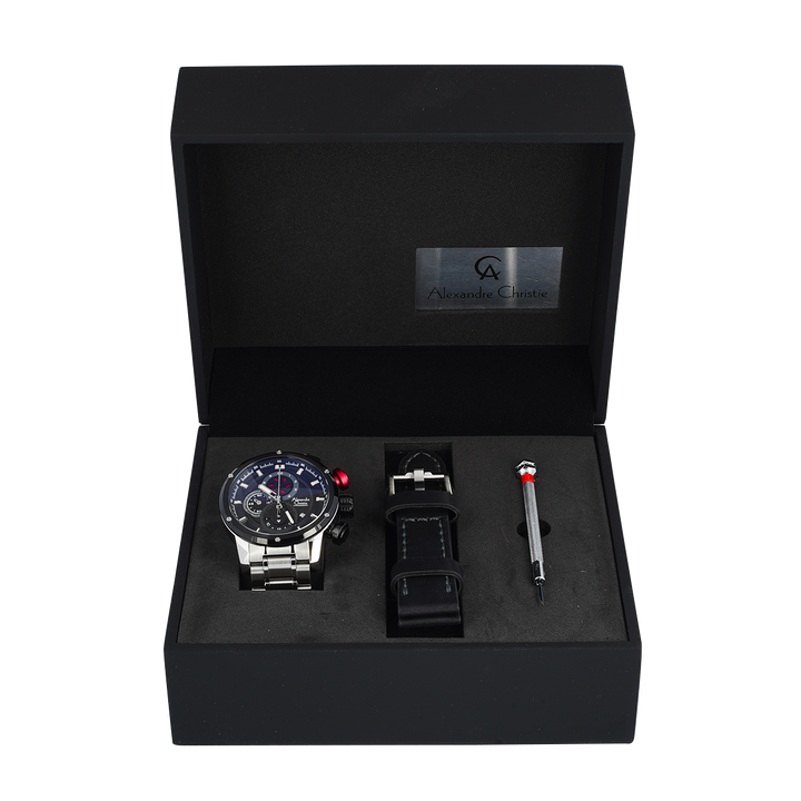 Jam Tangan Alexandre Christie AC 6239 MCBTBBA Men Blue Dial Silver Stainless Steel Strap with Exclusive Box