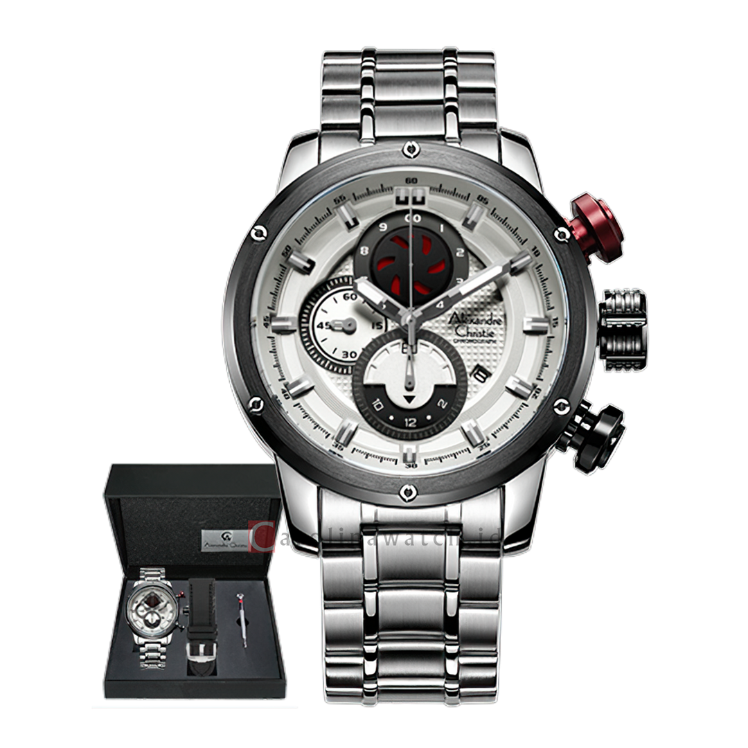 Jam Tangan Alexandre Christie Chronograph AC 6239 MCBTBSL Men White Dial Stainless Steel with Exclusive Box