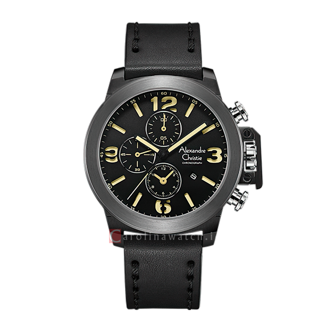 Jam Tangan Alexandre Christie Chronograph AC 6280 GCLBGBAIV Men Black Dial Black Leather Strap
