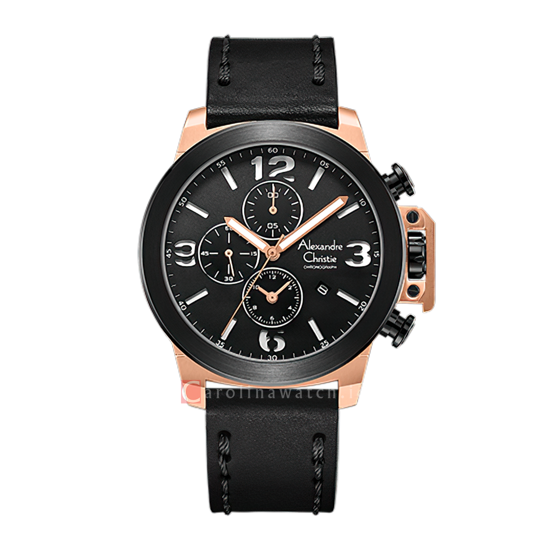 Jam Tangan Alexandre Christie Chronograph AC 6280 GCLBRBASL Men Black Dial Black Leather Strap