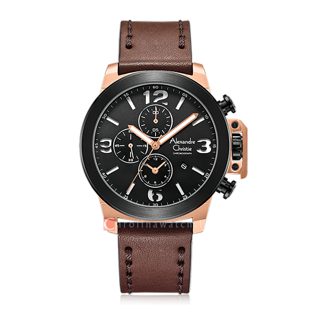 Jam Tangan Alexandre Christie Chronograph AC 6280 GCLBRBA Men Black Dial Brown Leather Strap