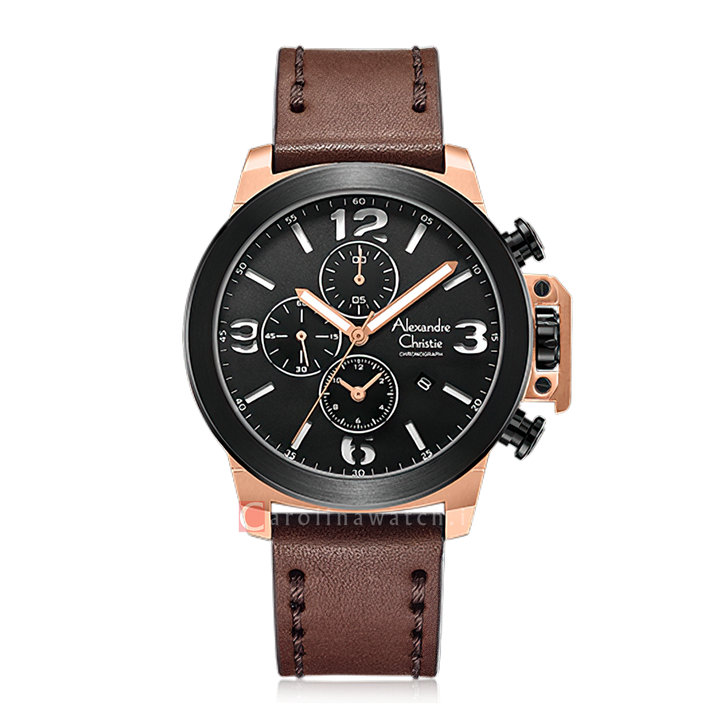 Jam Tangan Alexandre Christie Chronograph AC 6280 GCLBRBA Men Black Dial Brown Leather Strap